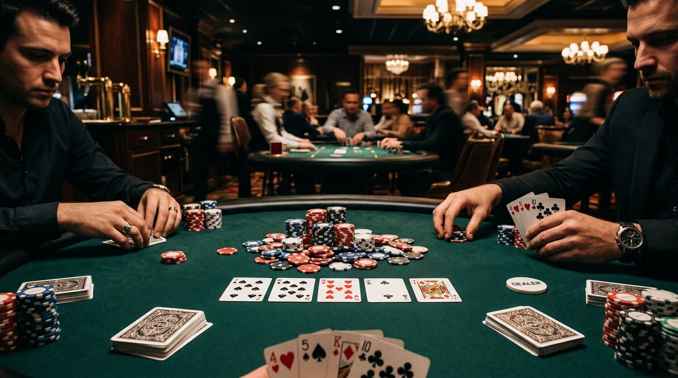 Under warm casino lights, a full Omaha table shows four-card hands, board cards, and chip stacks in play.