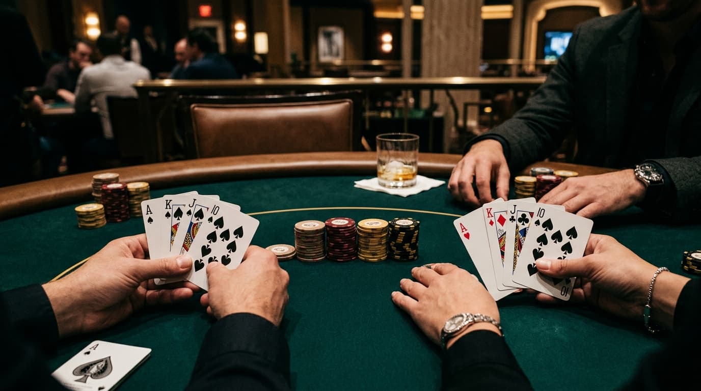 Several Omaha hands are fanned at once, with suits and side cards visible around the pot.
