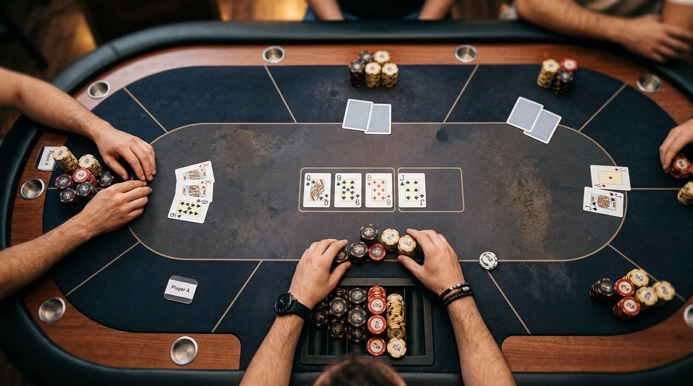 From above, a dealer button, board cards, and chip stacks mark a lead-bet decision.
