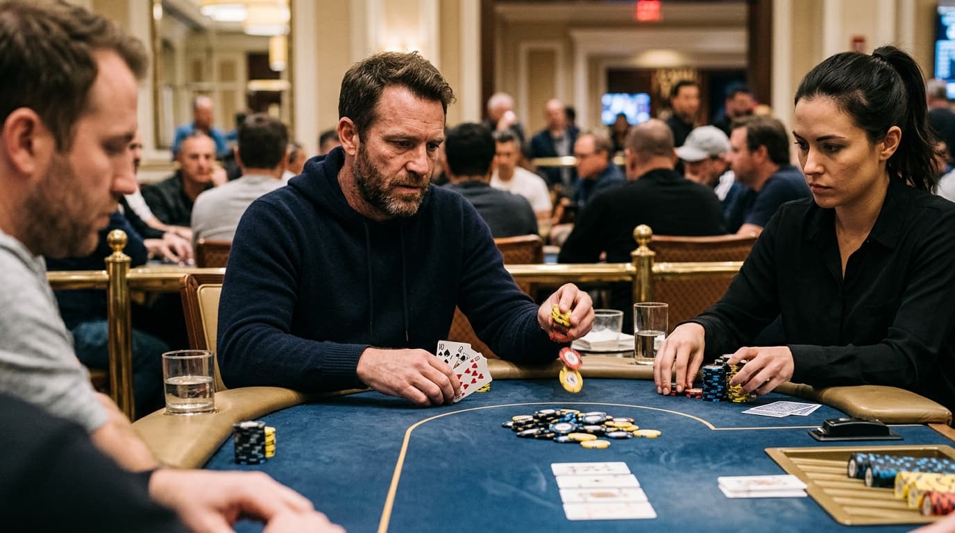 Players study a board where a made pair and draw possibilities collide.