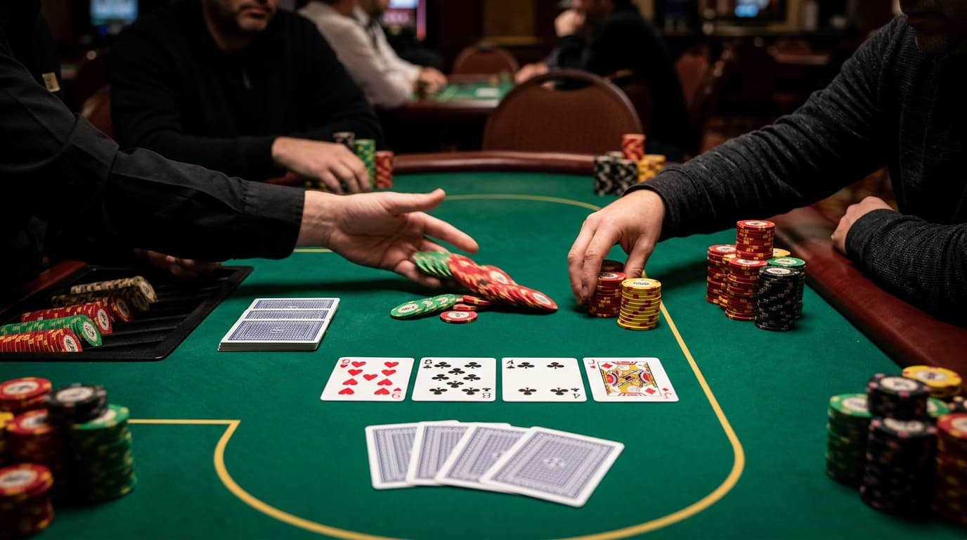 A hand reaches for chips on the turn with board cards spread in front of the table.