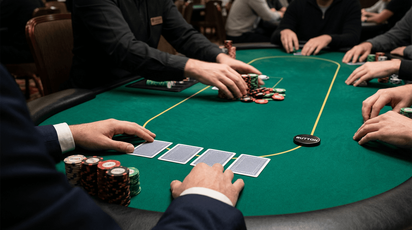 A short-handed table waits on the button, chips and folded cards marking preflop pressure.