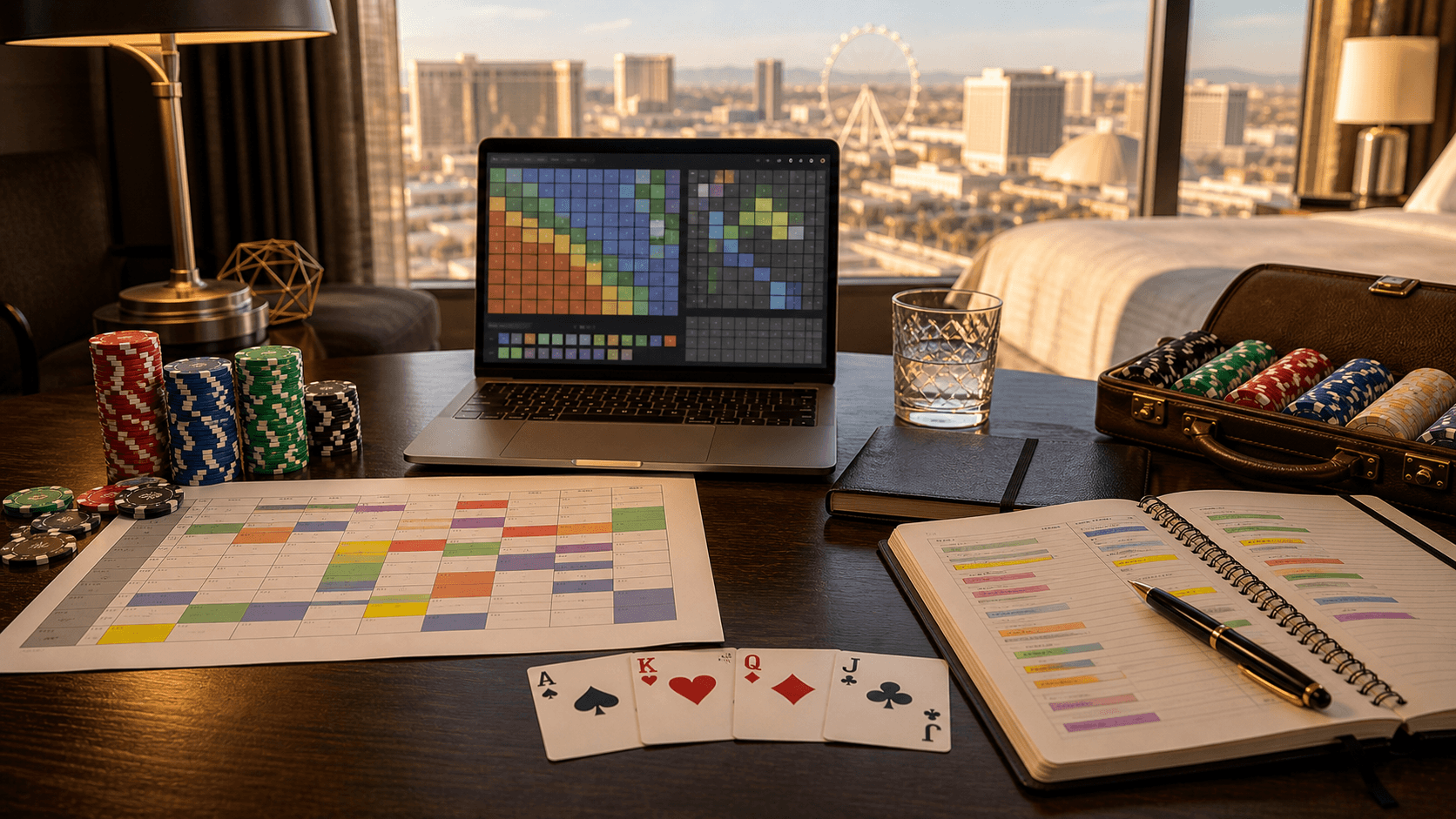 A laptop, planner, chips, and cards turn a hotel-room desk into a WSOP prep station.