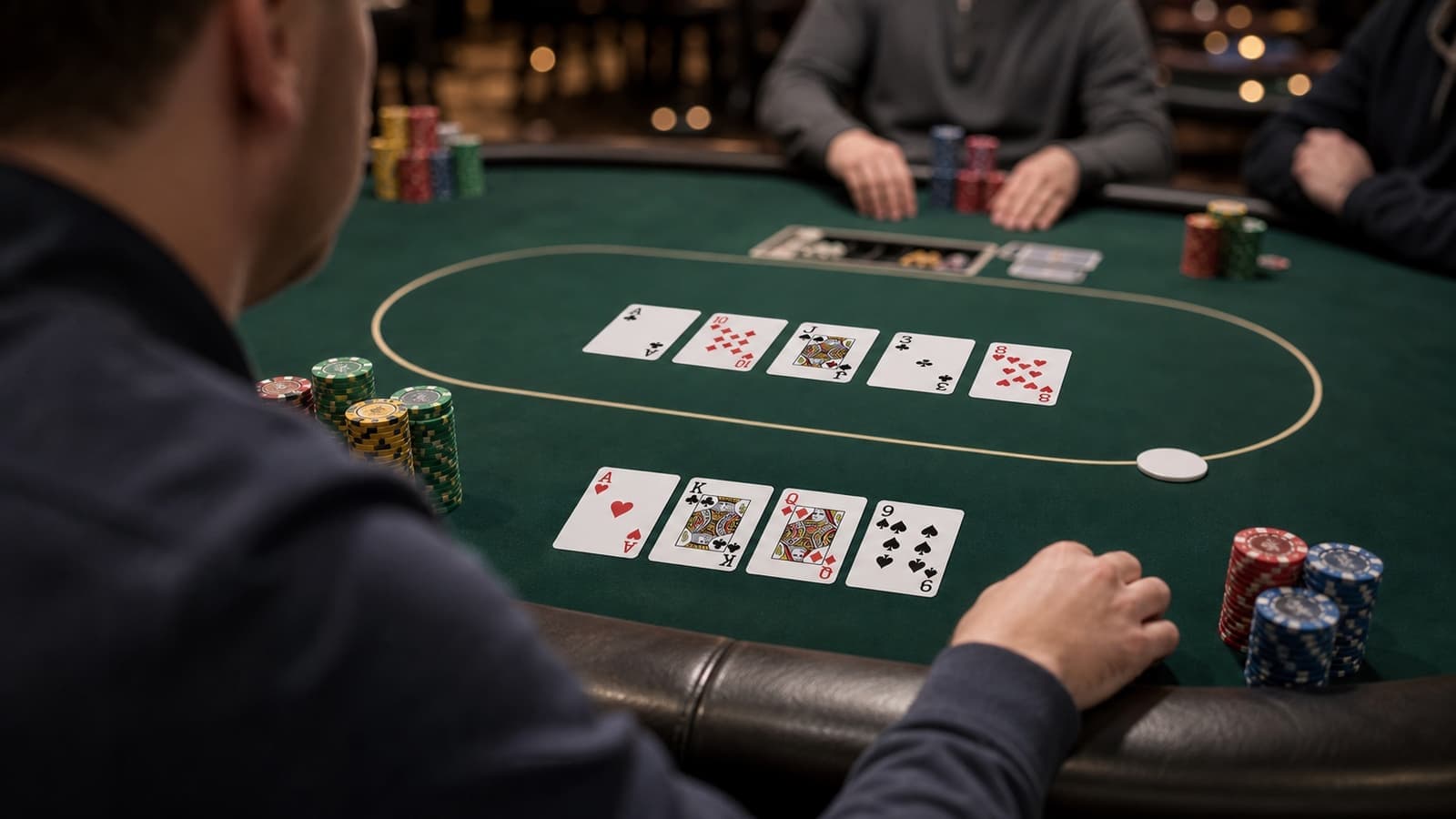 An inviting live Pot-Limit Omaha table with four hole cards, board cards, chip stacks, and a beginner-friendly strategic setup.