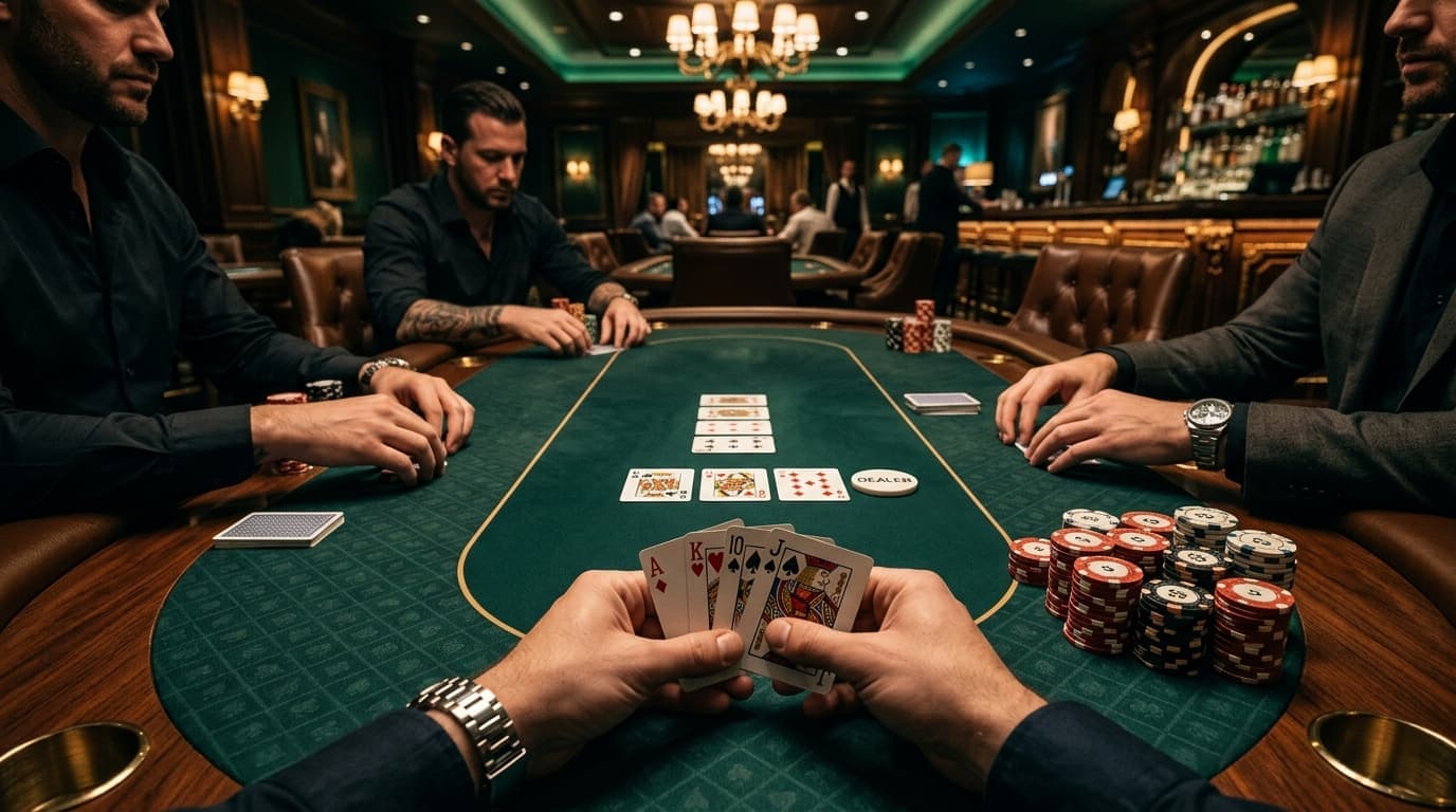Four hole cards are fanned above green felt, with community cards and a dealer button just ahead.