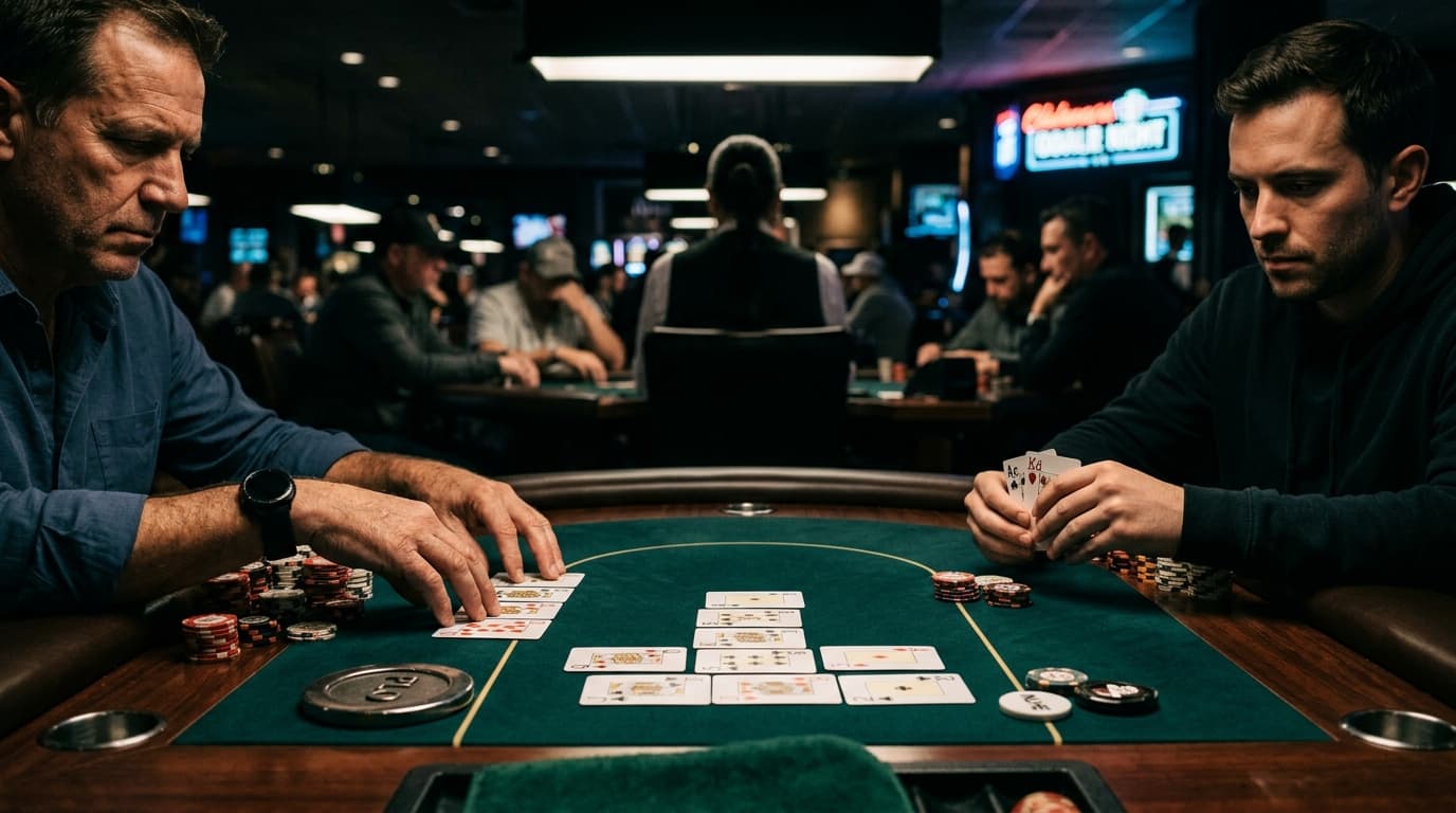 Two players face a board and a growing pot, the four-card setup separating Omaha from Hold'em.