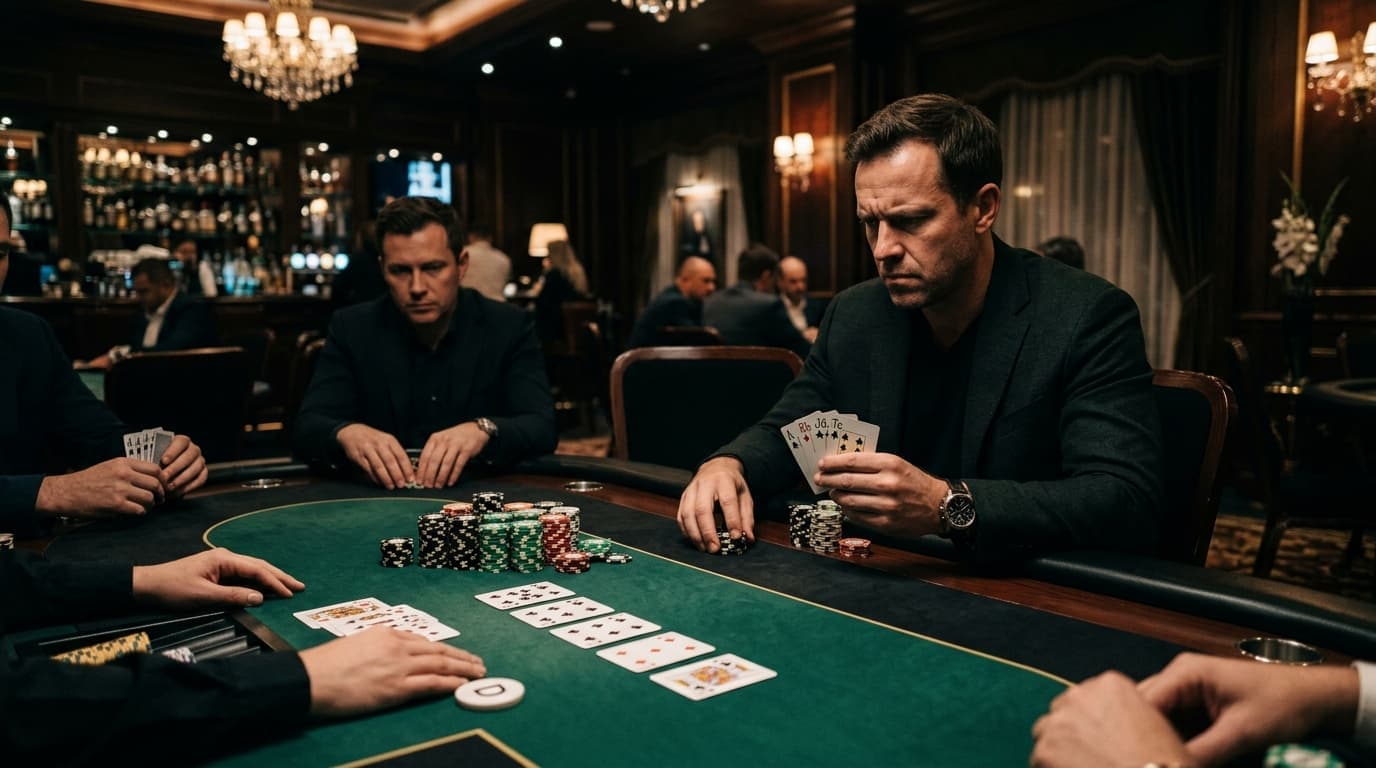 Several players lean toward a coordinated board, chip stacks gathered close to the betting line.