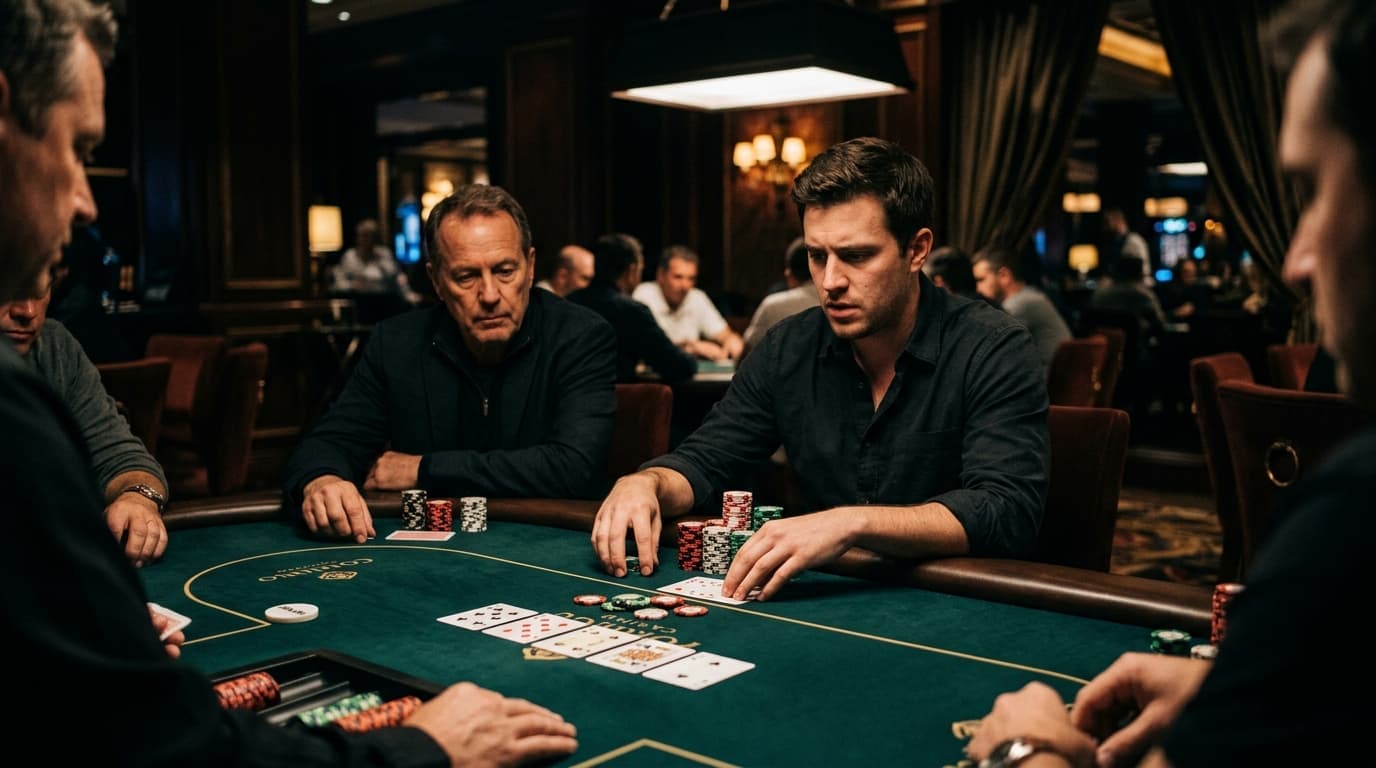 A crowded low-stakes hand unfolds with exposed board cards, scattered chips, and players still involved.