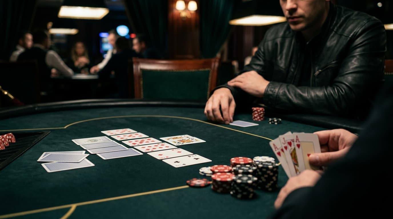 Board cards sit between quiet stacks as players wait to see who has the nut side of the hand.