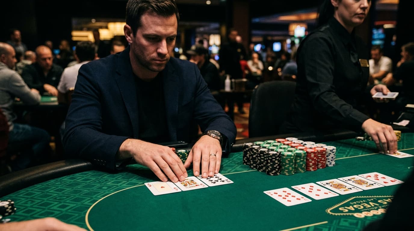 Cards, chips, and a live board are spread clearly across the felt for a hand-reading decision.