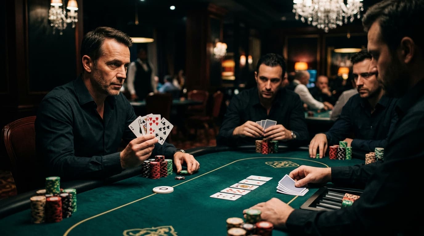 Every seat has a different view of the same pot, with hands and stacks arranged around the table.