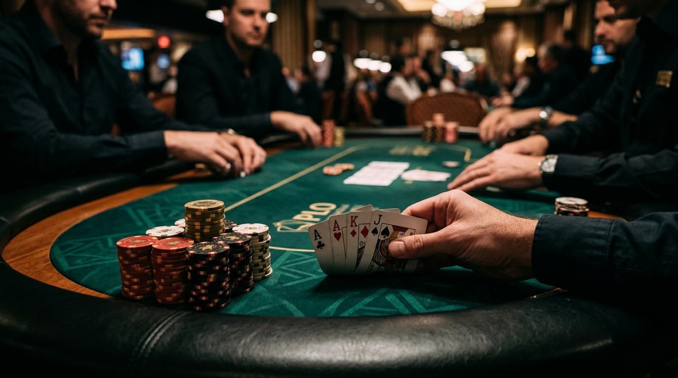 At table level, four Omaha cards sit near red chips and a board waiting for action.