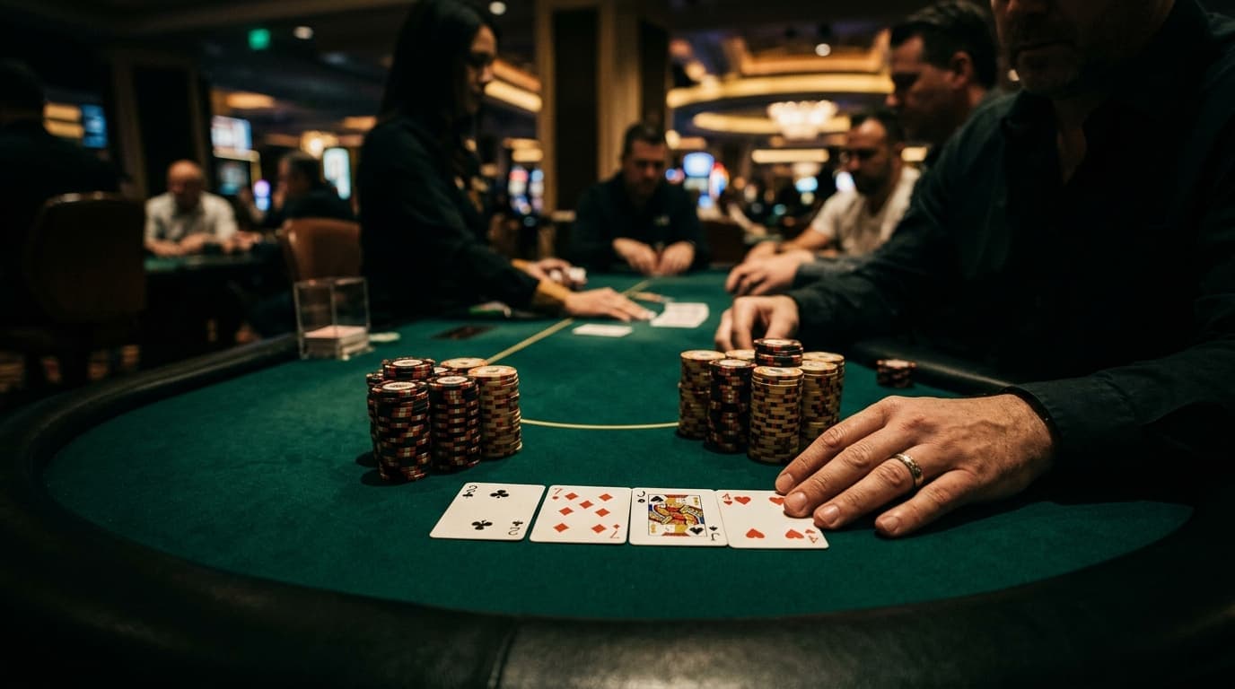 Tall chip stacks frame a low, awkward board in a dimly lit poker room.