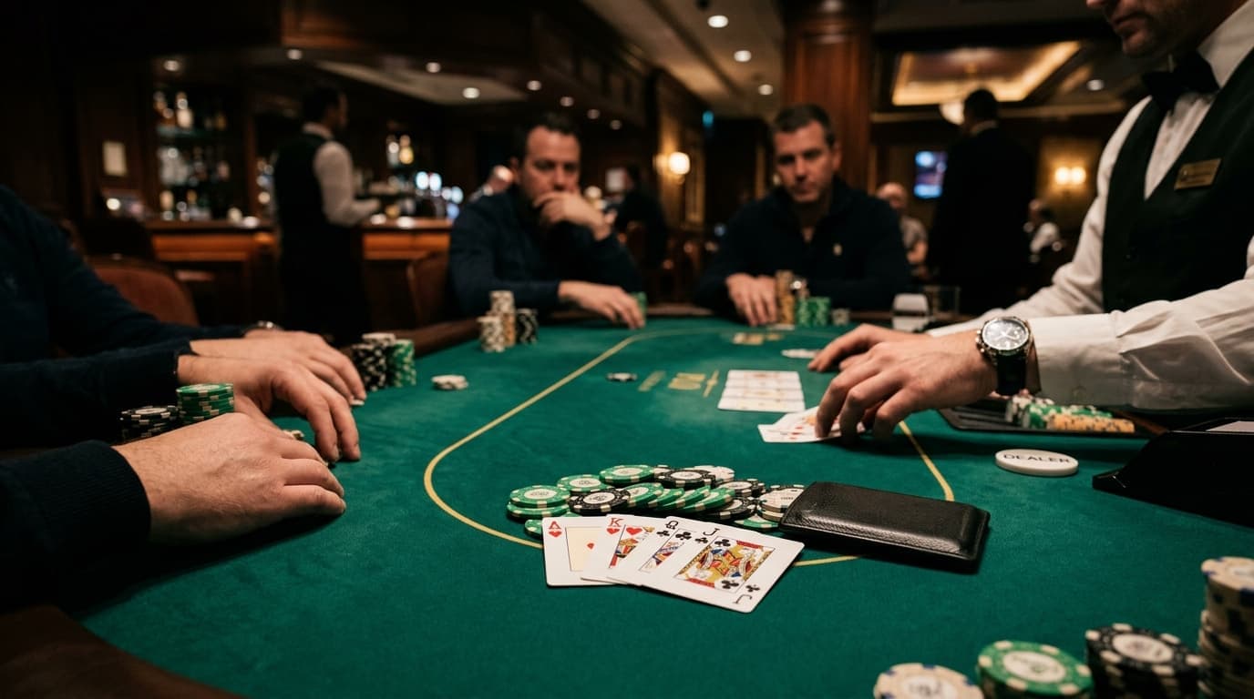 Fanned four-card hands surround a pot, making side cards and structure easy to compare.