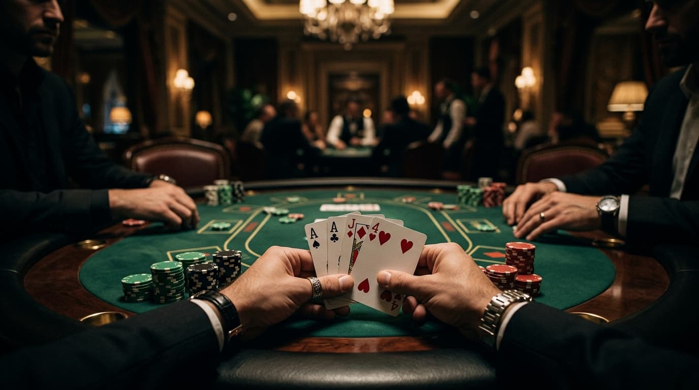 Double aces are held above the felt, backed by deep stacks and a busy live table.