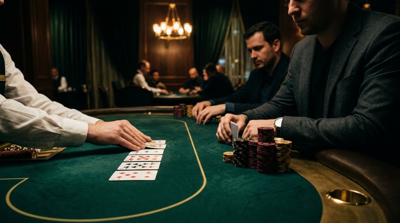 Connected ranks stretch across the felt with chips nearby, hinting at straight potential.