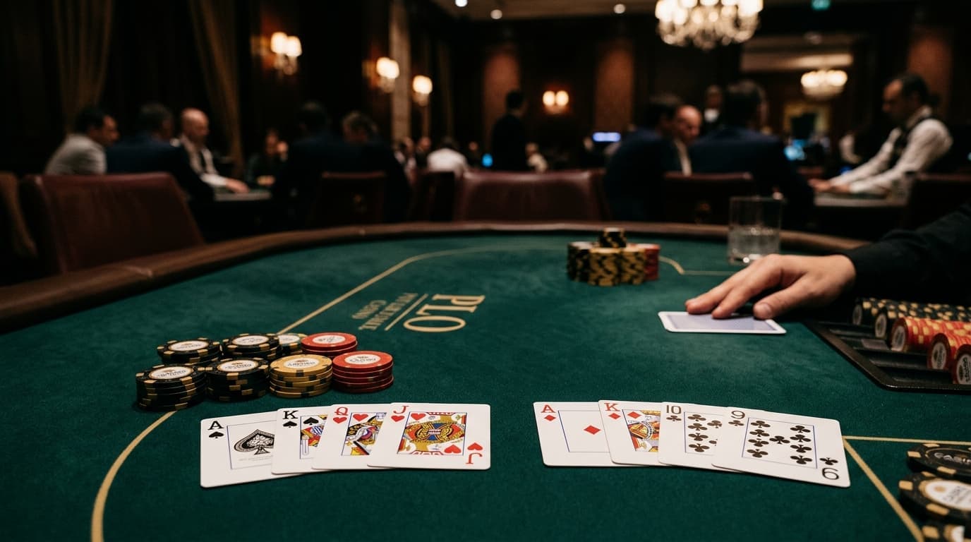 Suited cards and stacked chips rest under warm lights after the flop is dealt.