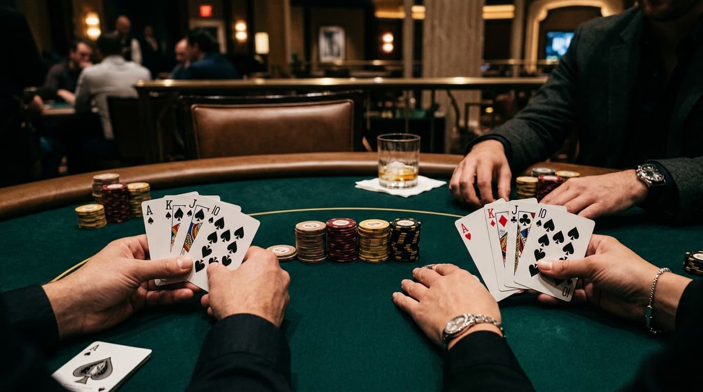 Several Omaha hands are fanned at once, with suits and side cards visible around the pot.
