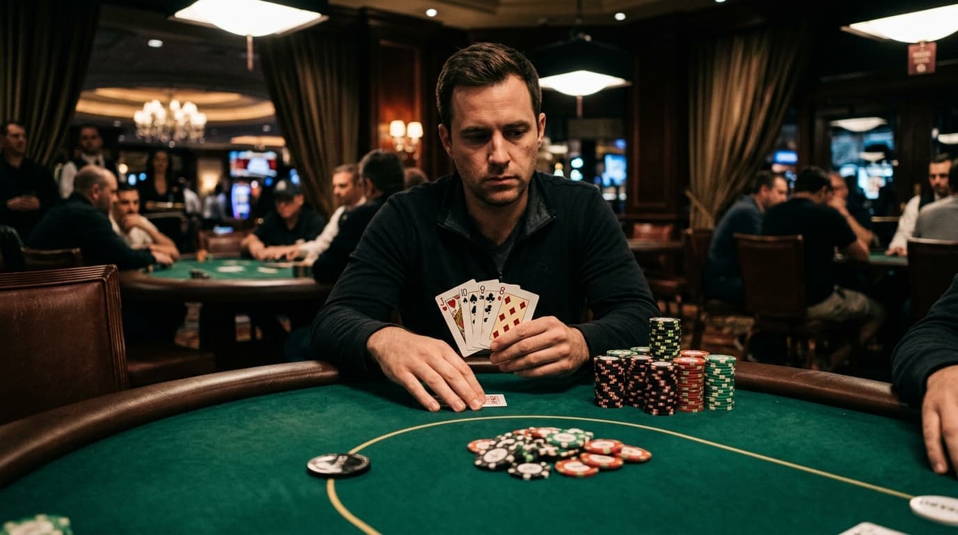 A connected hand is held near the rail while opponents wait behind their stacks.