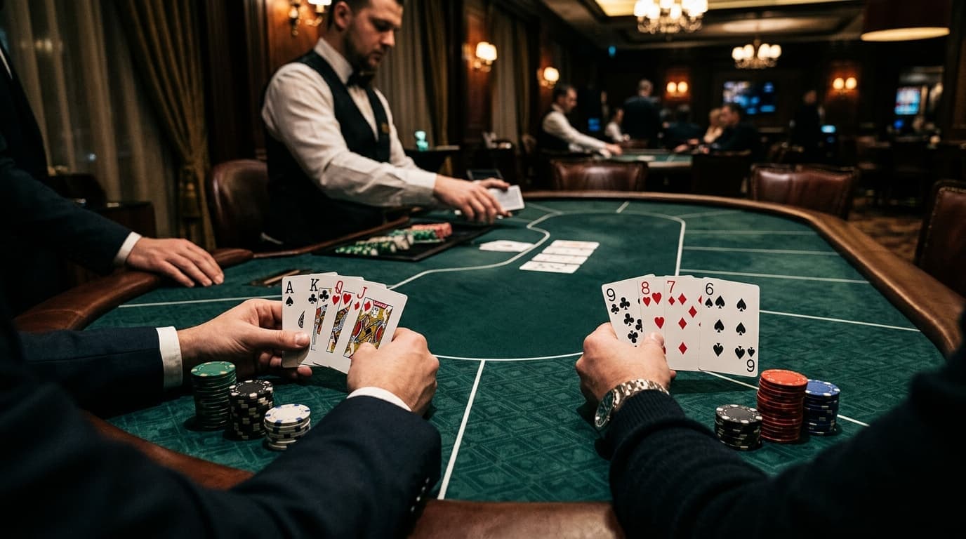 Broadway-heavy cards fill the foreground, with chips and community cards across the table.