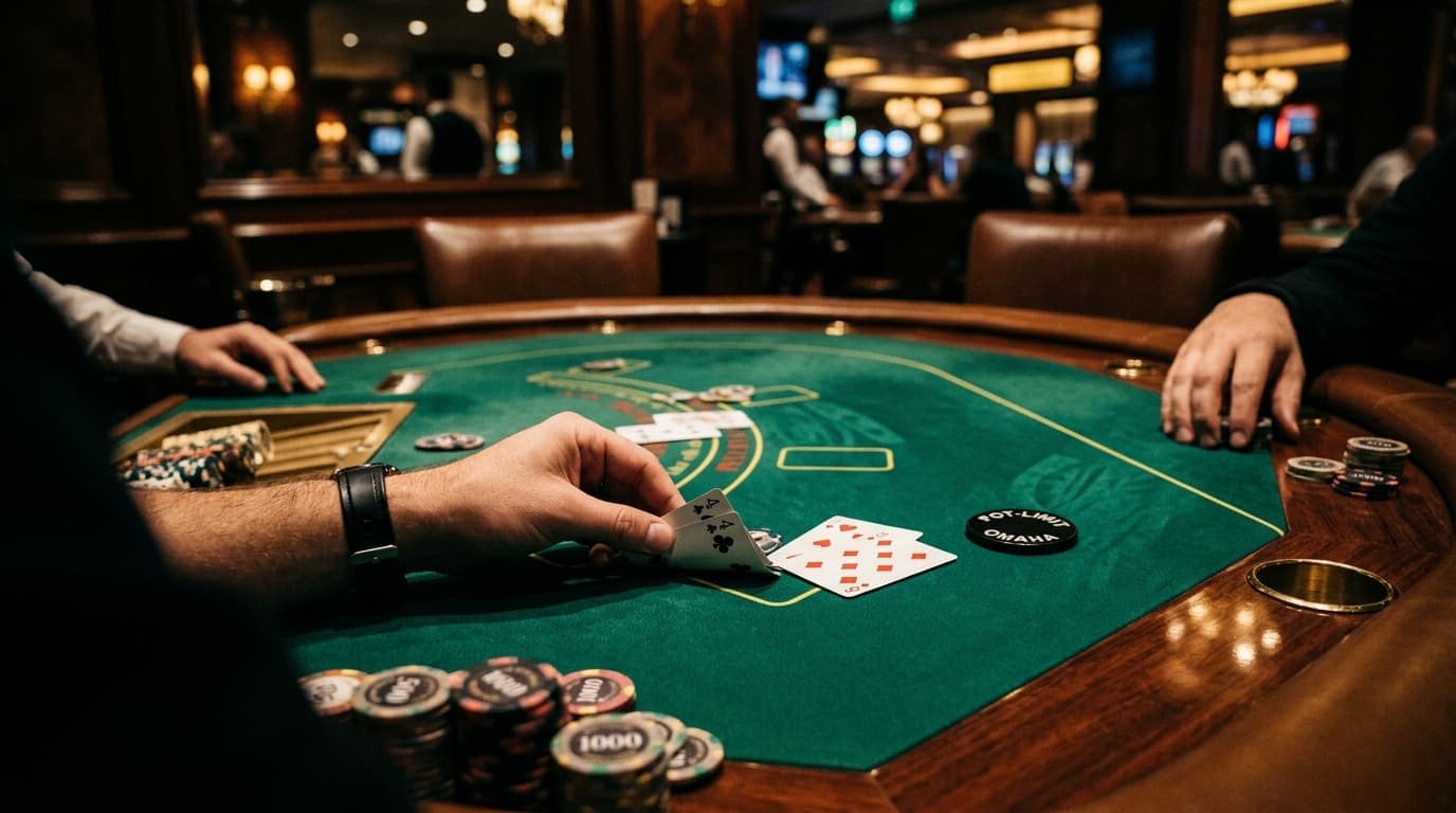 A small pocket pair lies beside loose chips as the rest of the table fades into shadow.