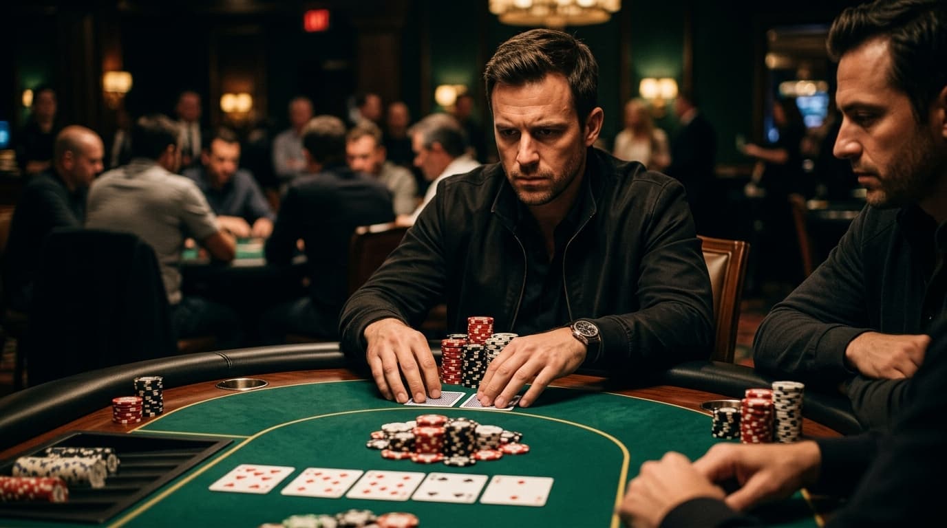 Chips are gathered beside protected cards as the table braces for another raise.