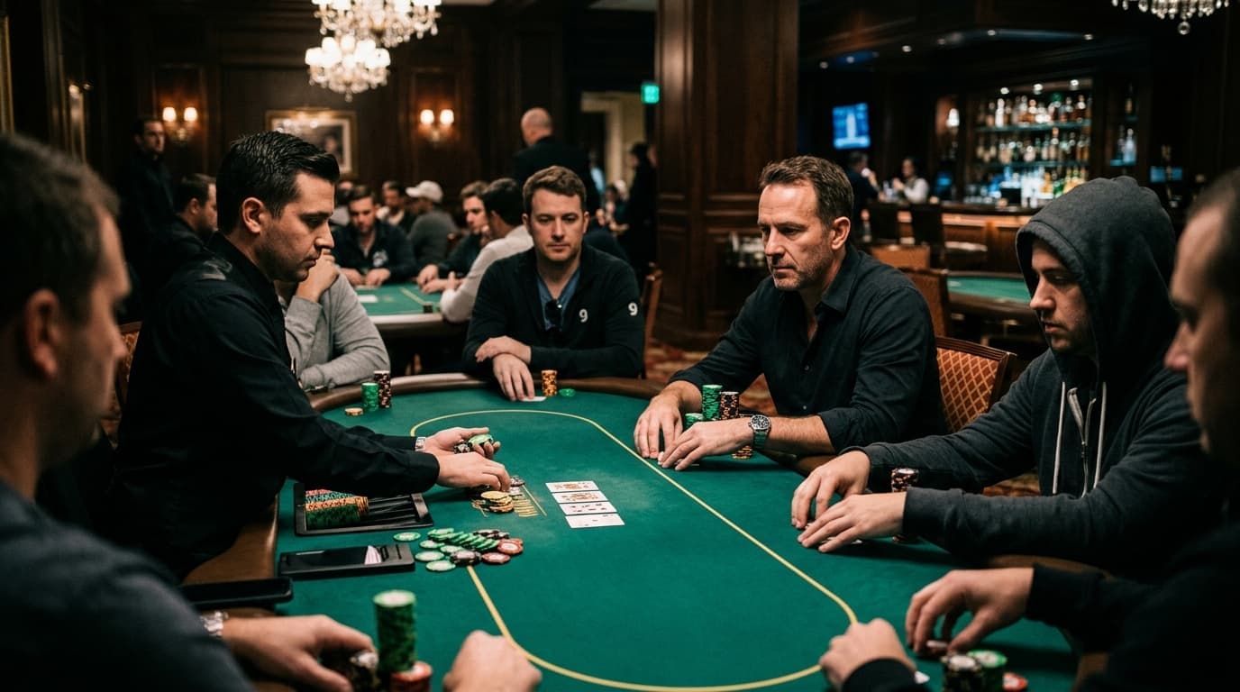 Before the flop, several players protect their hands while chips already sit in the middle.