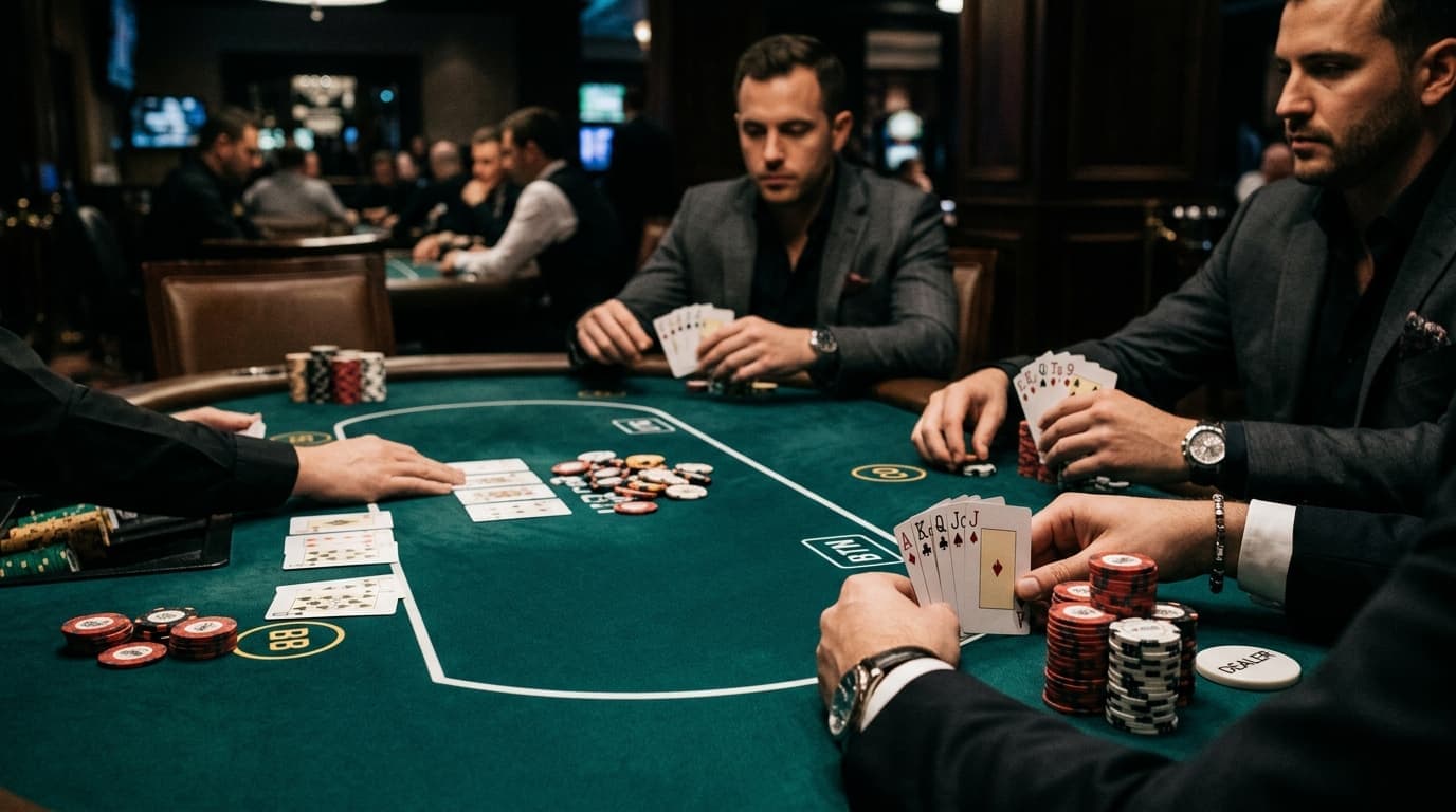 Cards and chips ring the betting line from every seat, capturing the pressure of position.