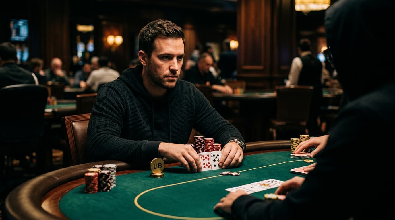 Near the blind, a compact stack and tucked cards face action from the rest of the table.