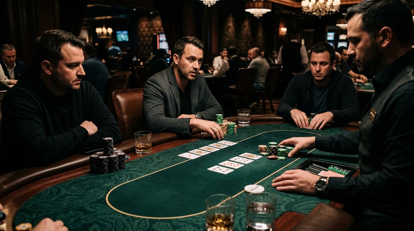 Stacks are pushed forward into a live pot while multiple players still have cards protected.