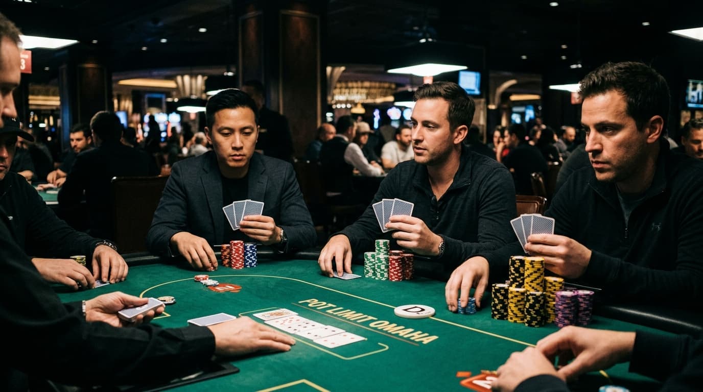 Deep stacks, drinks, and four-card hands line the table before a preflop decision.