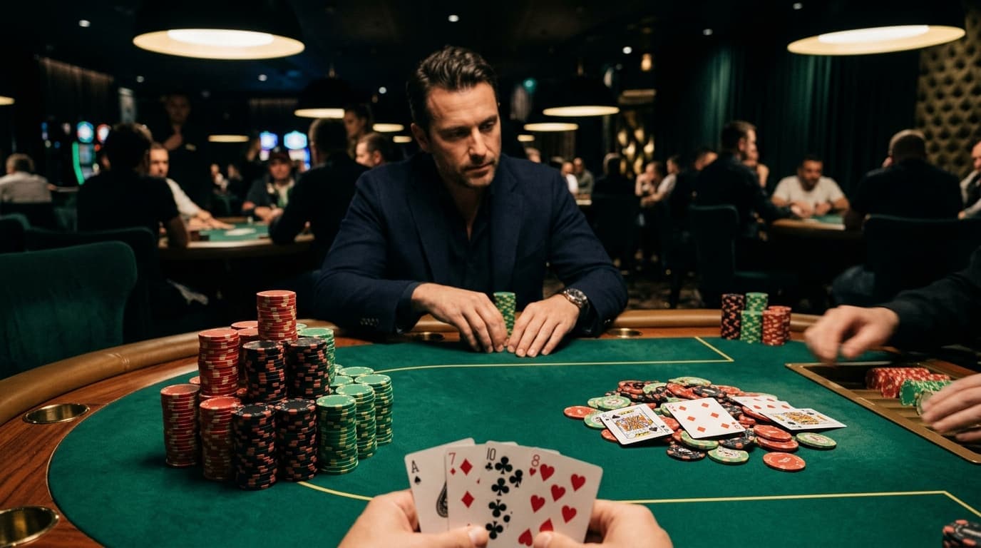 Oversized stacks tower beside the board, making the pot-to-stack pressure obvious.