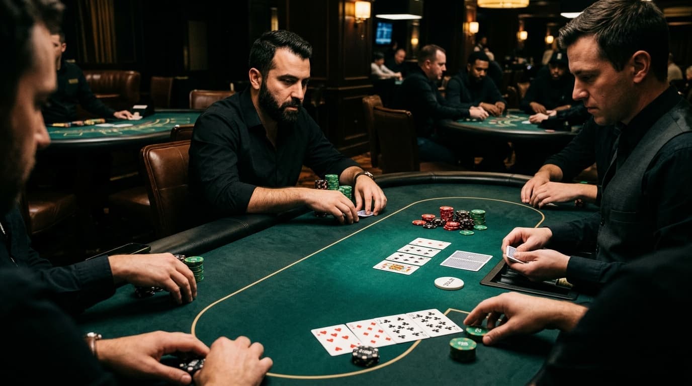 A dry flop sits in the center while the preflop raiser decides whether to keep betting.