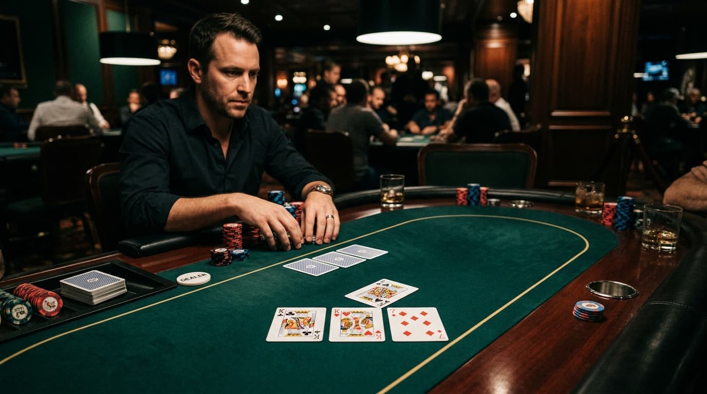A clean flop texture is spread neatly across the felt, chips waiting on both sides.