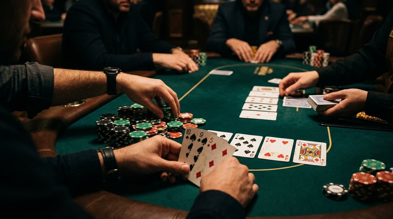 Several hands and stacks converge around a large pot, with draw-heavy cards across the board.