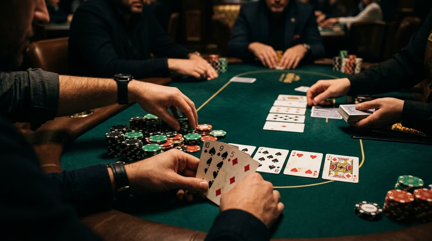 Several hands and stacks converge around a large pot, with draw-heavy cards across the board.