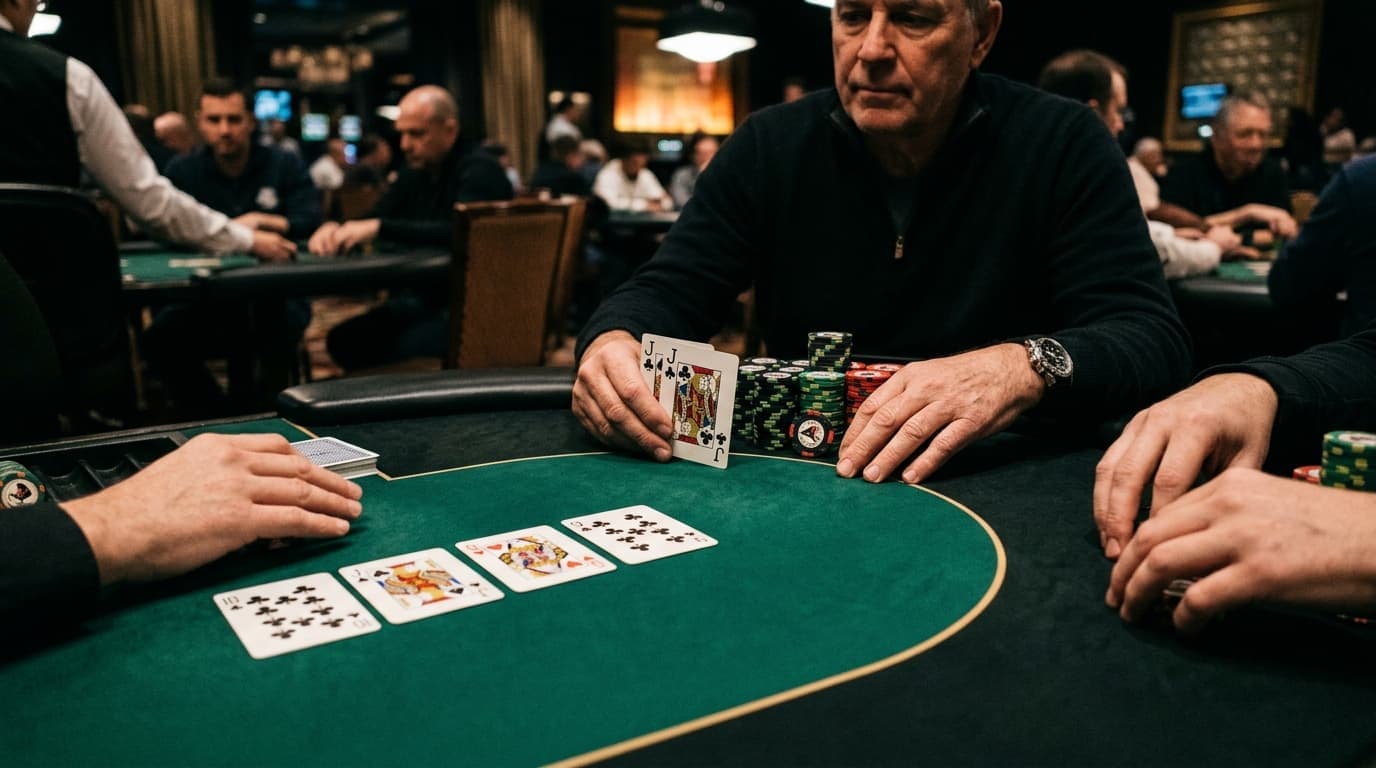 A paired board and heavy chip action create the tension of a set facing live draws.