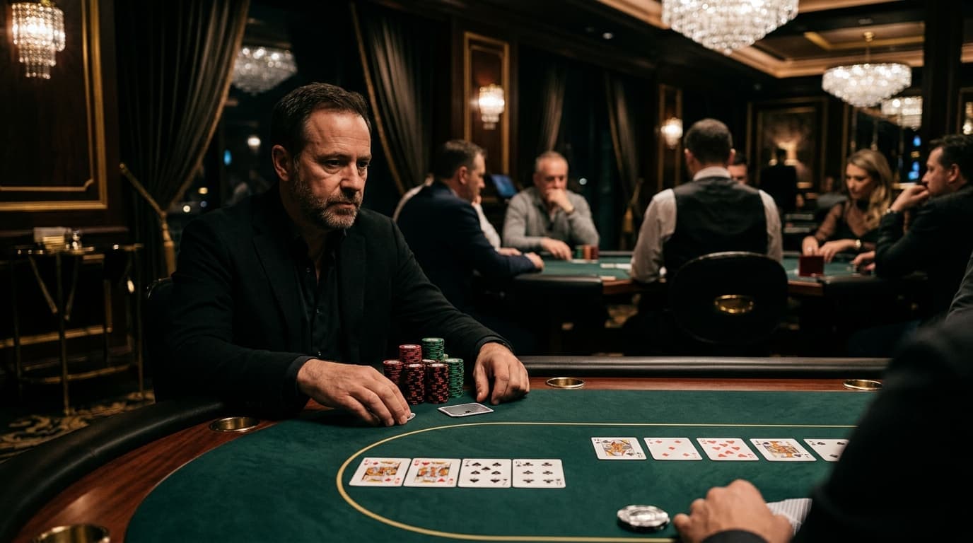 A high-card board stretches across the felt while one player studies an uneasy overpair spot.