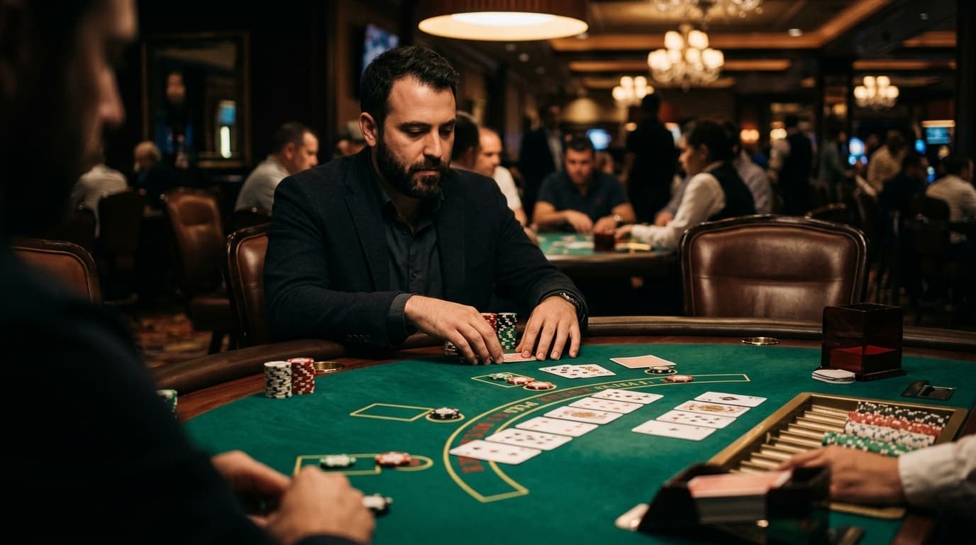 Suited cards, a live board, and stacked chips create a flush-draw decision under the lights.