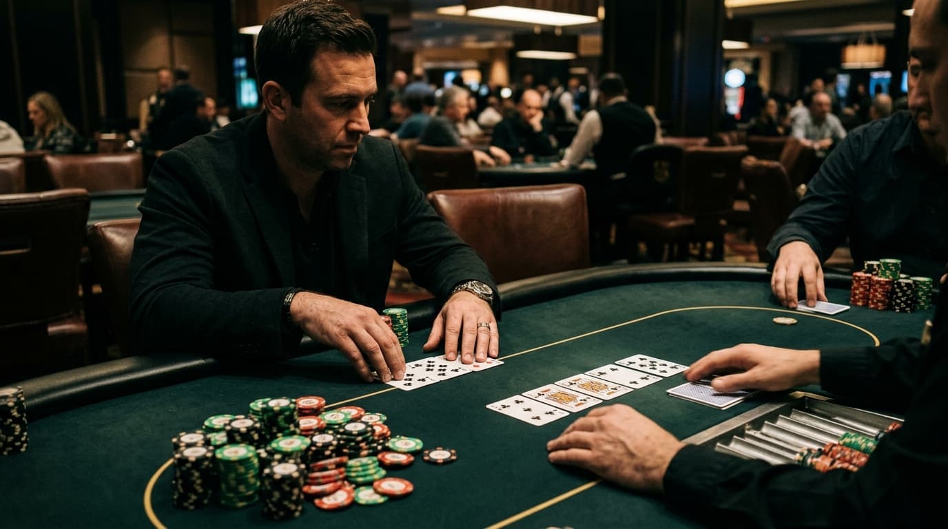 With a flush possible, several opponents remain in while one stack waits behind the board.