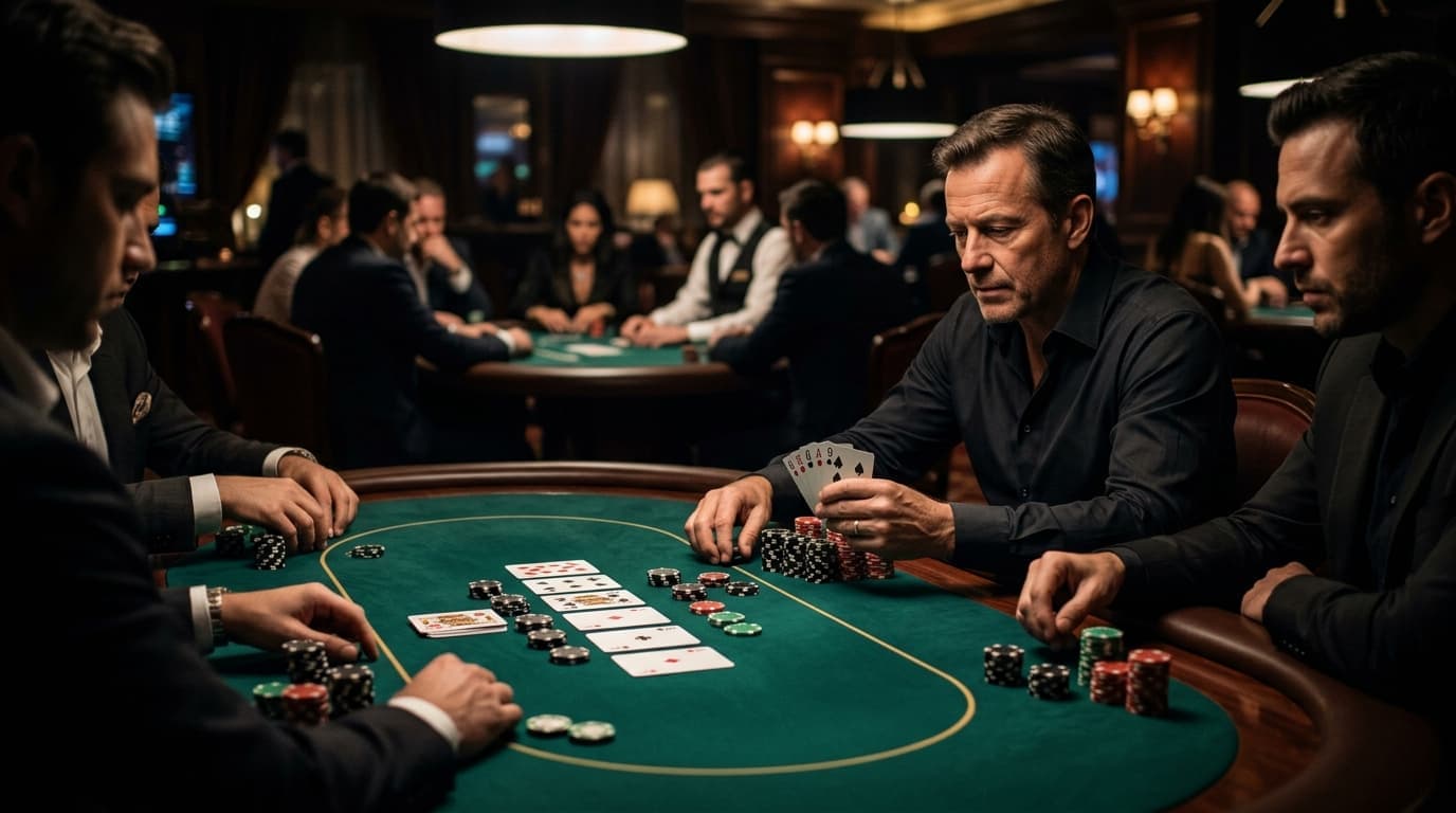 The river card is out, the players are still, and the last betting decision hangs over the pot.