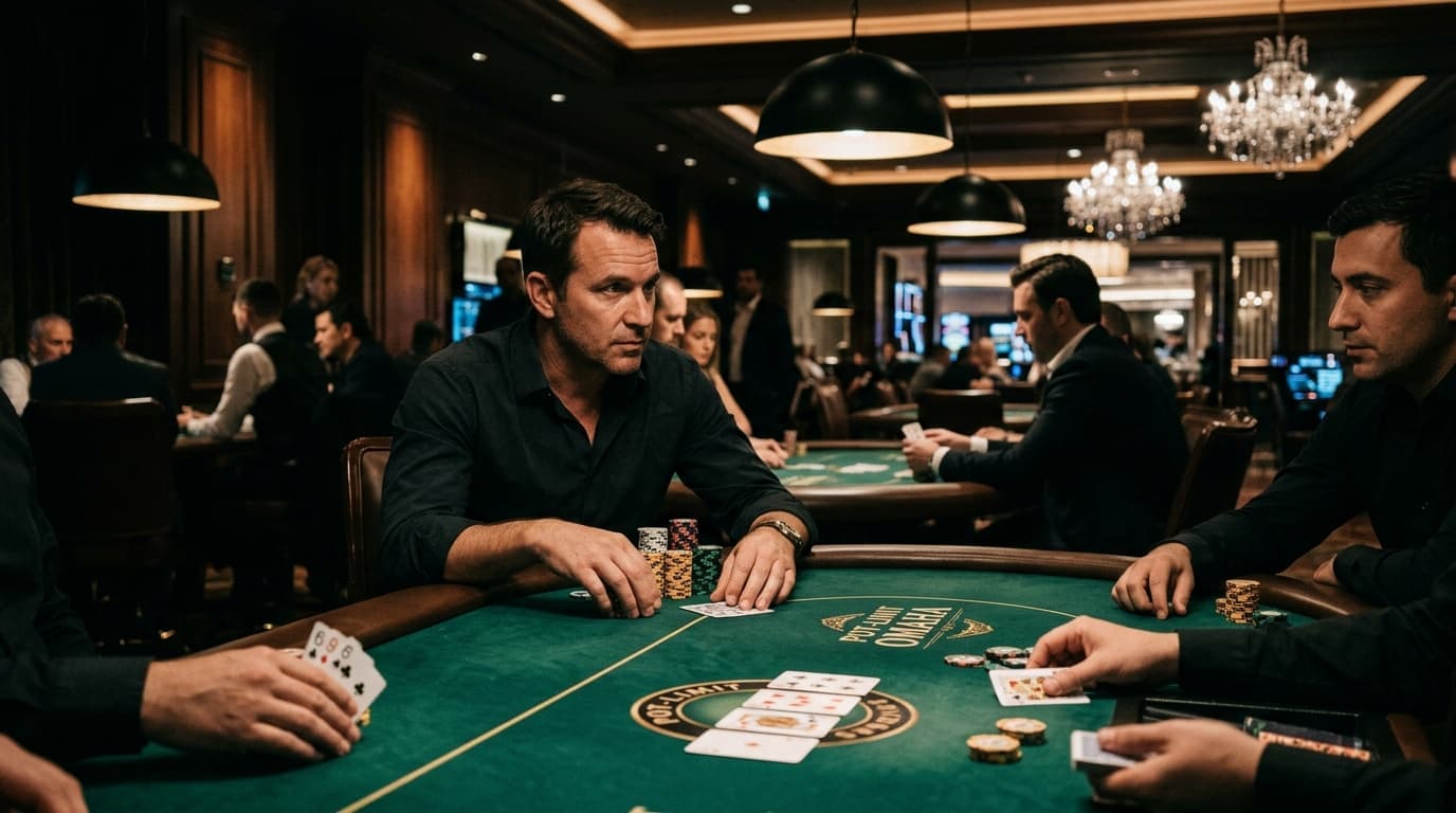 Behind protected cards and a small stack, a player waits before telling the next story.