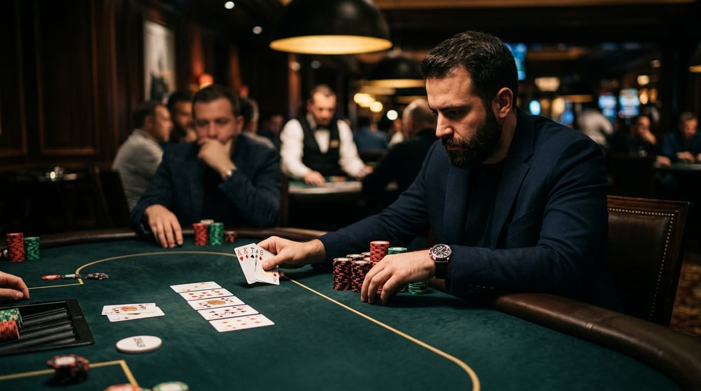 A sparse board and covered hole cards sit near the betting line in a blocker-heavy spot.