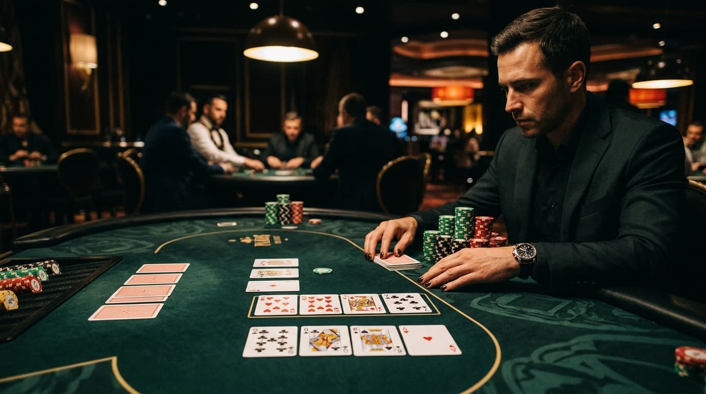 A made hand and backup cards sit beside stacked chips, with redraw equity built into the layout.