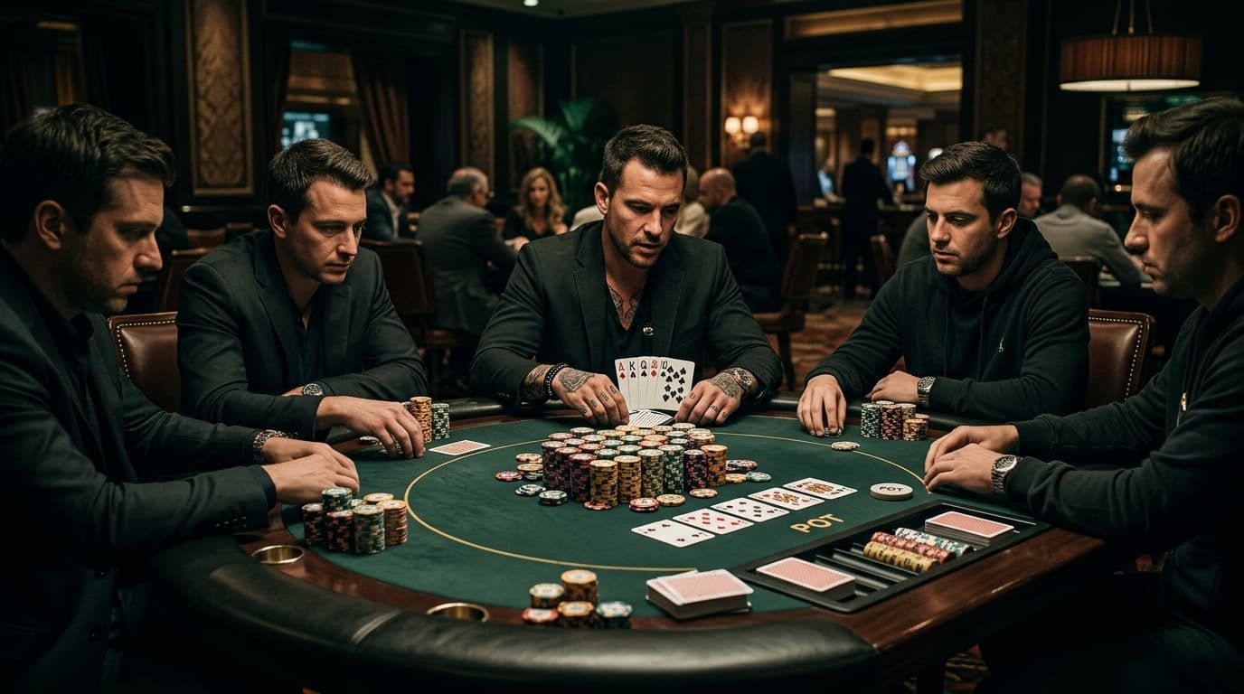 Five players crowd one pot, each stack and hand adding another layer to the decision.