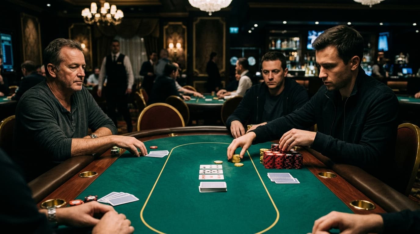 Many callers linger around a relaxed live table, with a small pot waiting in the center.