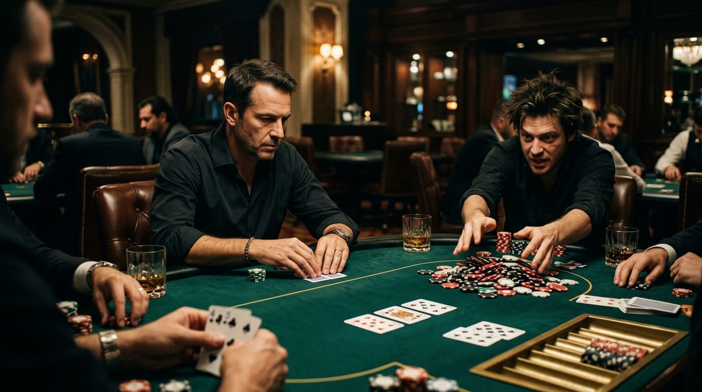 Stacks and hands fly into a busy pot, catching the volatility of an aggressive table.