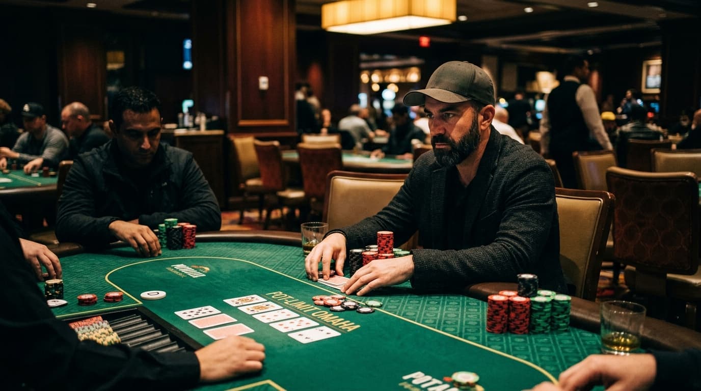 Regulars lean into a tense hand, chips gathered and cards protected at every seat.