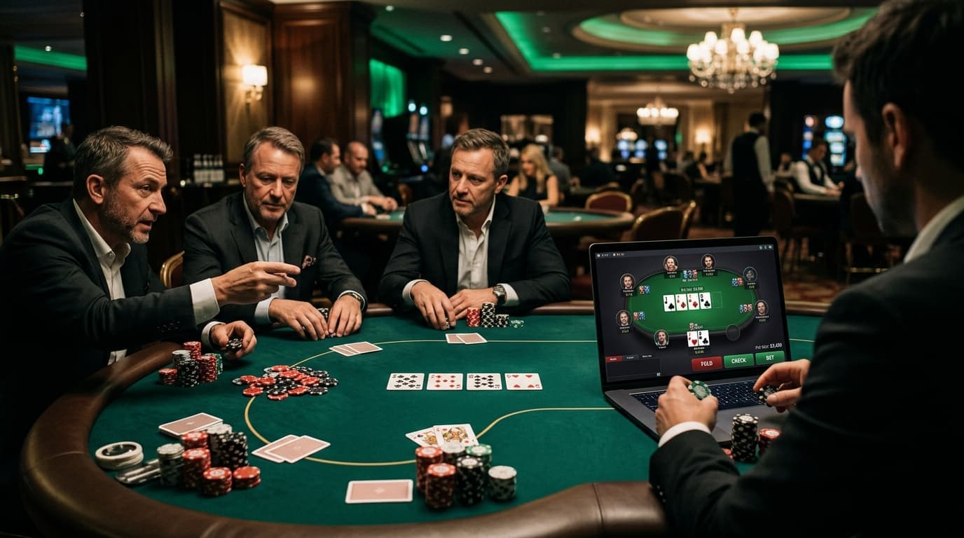 A tablet glows beside the felt while a live Omaha hand plays out in front of chip stacks.