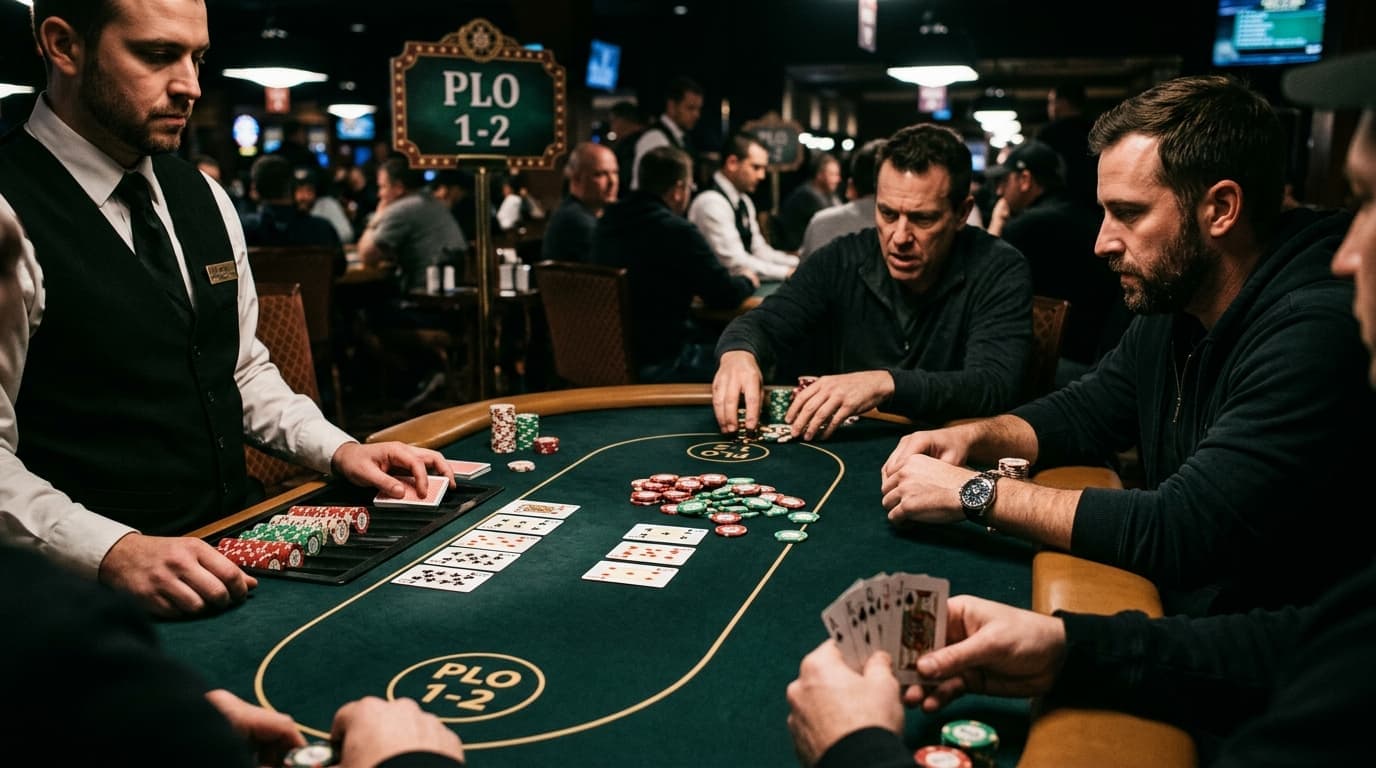 Low-stakes chips, dealer buttons, and table signage fill a busy casino poker scene.